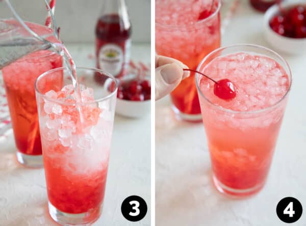 Adding soda and cherries to a Shirley temple.