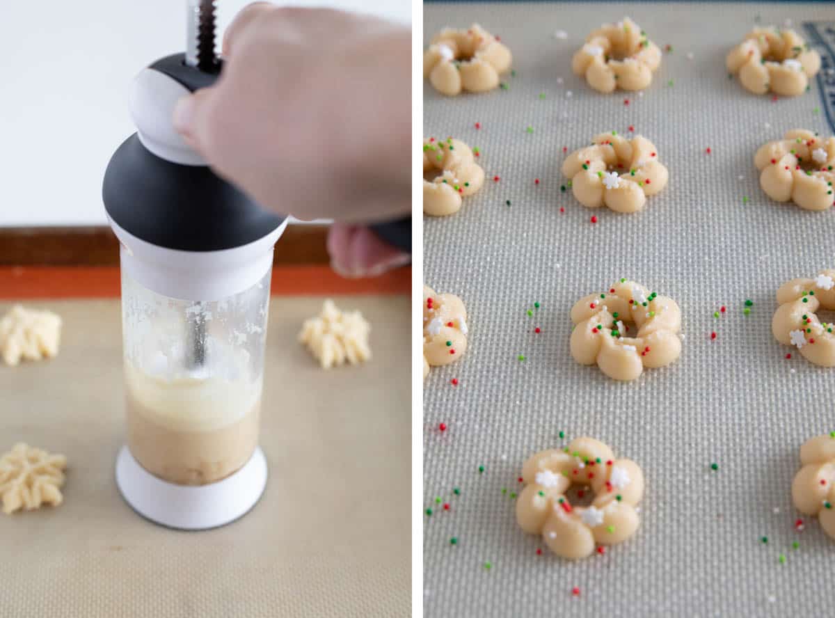 Using a cookie press to make cookies, and then adding sprinkles.
