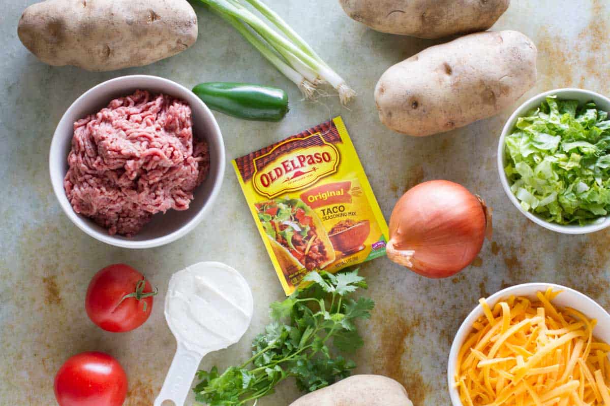 Ingredients to make Taco Stuffed Potatoes.