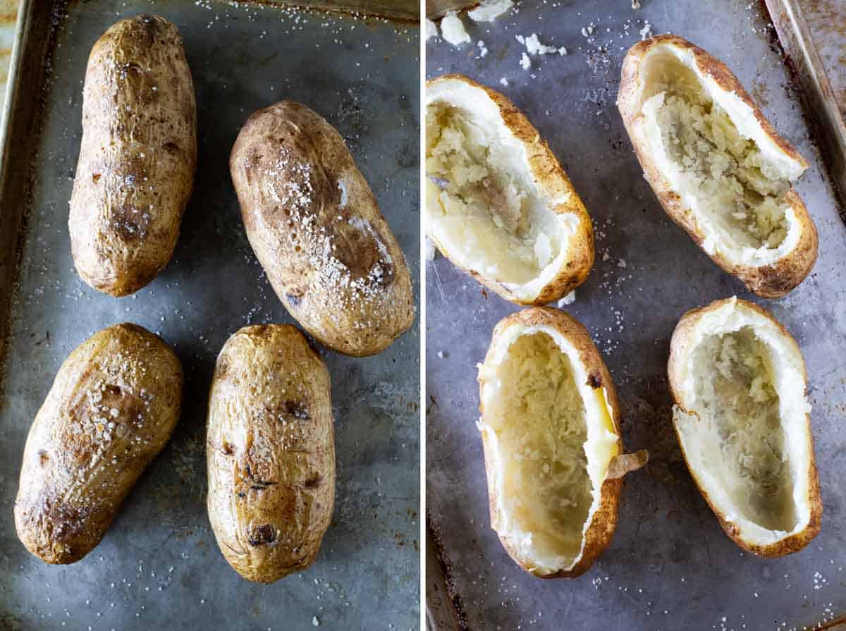 Baking potatoes and removing insides to make stuffed potatoes.