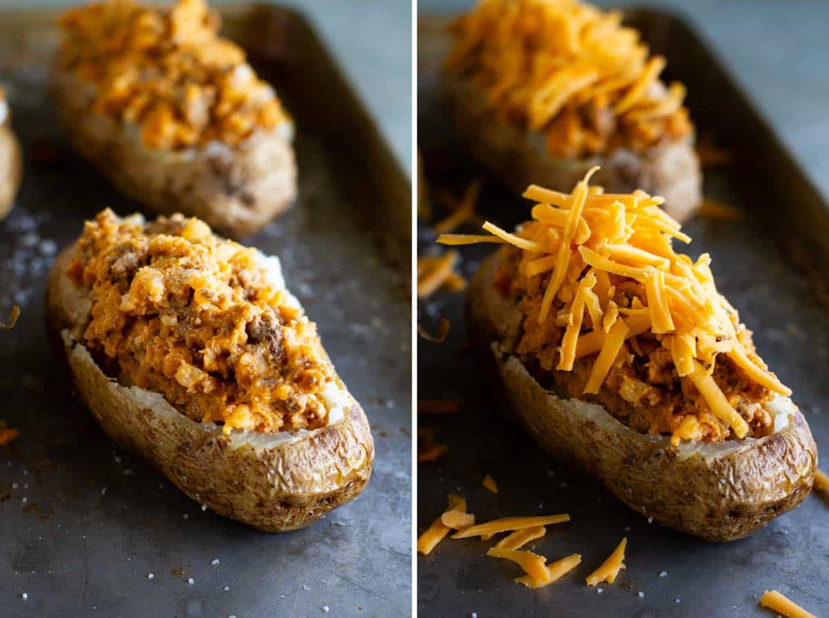 Stuffing baked potatoes with taco filling.