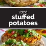 Taco stuffed potatoes collage with text bar in the middle.