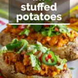 Taco stuffed potatoes with text overlay.