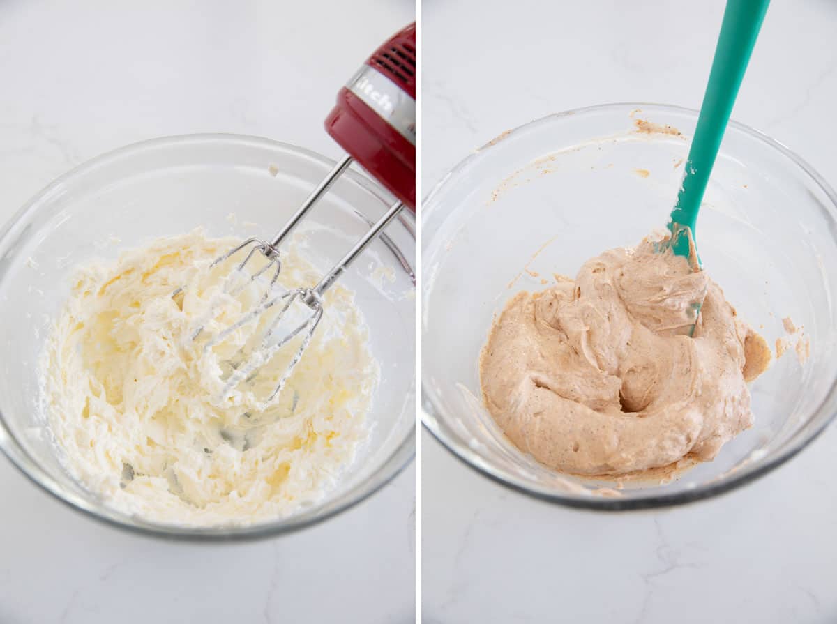 Beating cream cheese and making mixture for 7 layer dip.