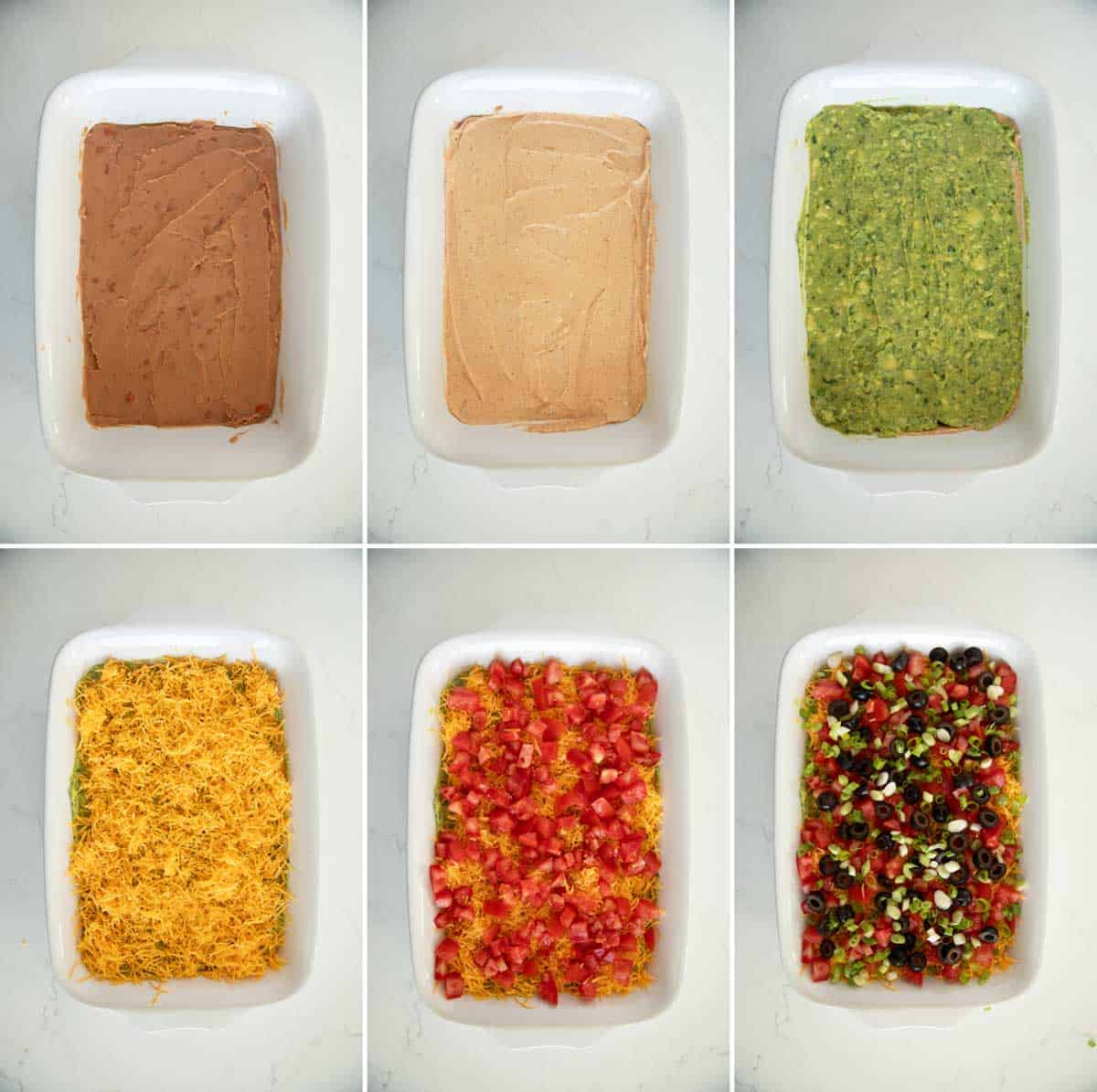 Assembling 7 Layer dip, showing all of the layers.