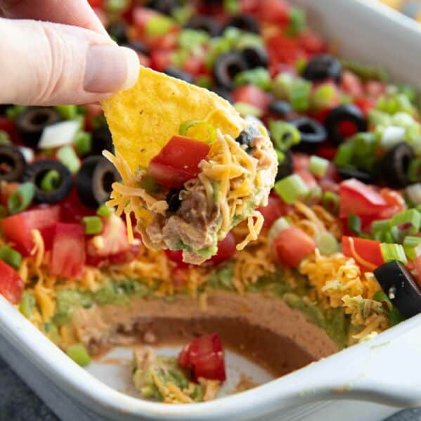 Tortilla chip with 7 layer dip.