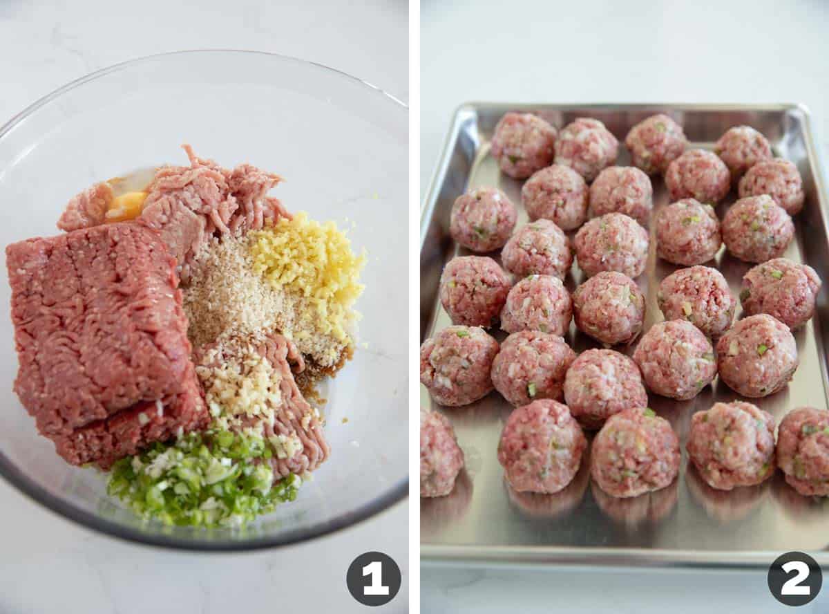 Assembling homemade Asian meatballs.