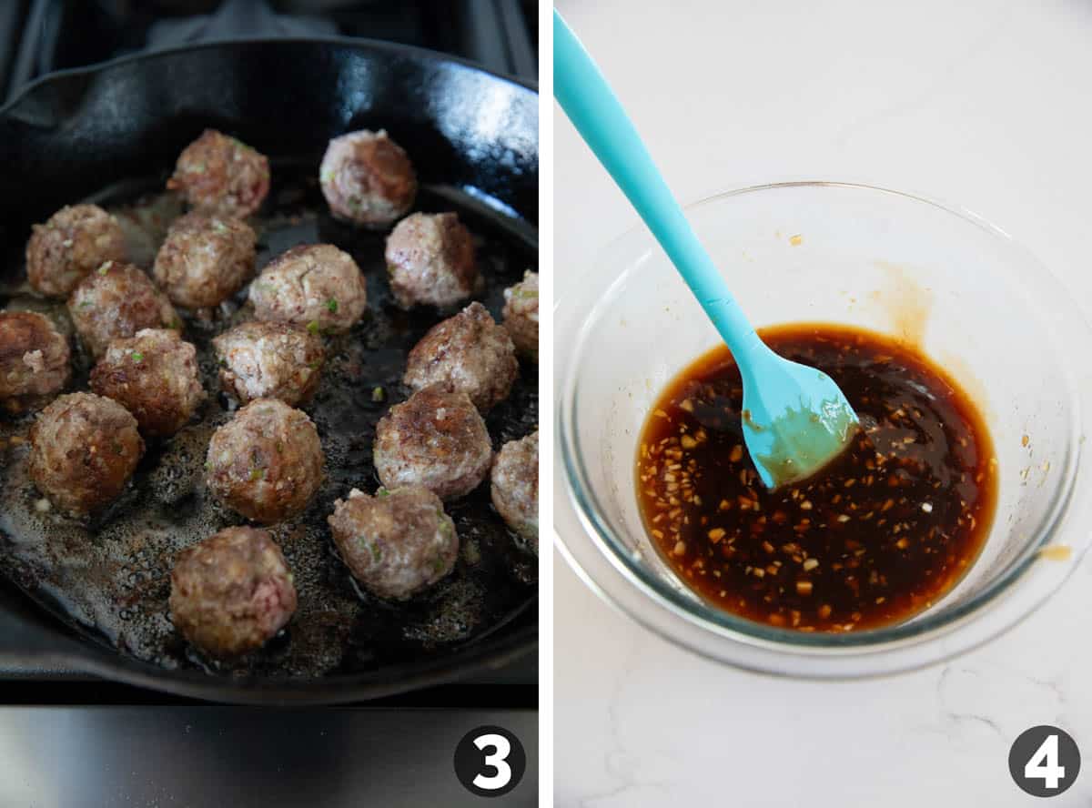 Browning meatballs in a skillet, and mixing together sauce ingredients.