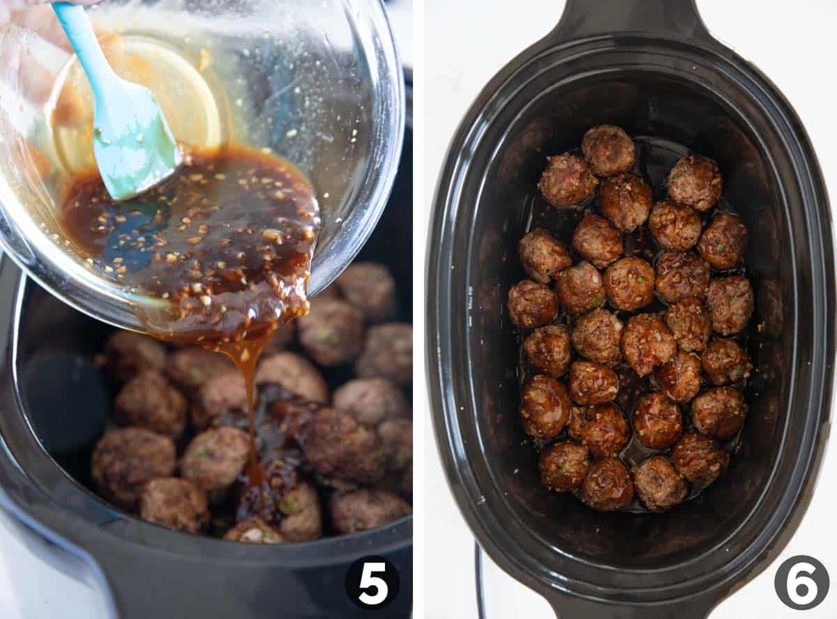 Pouring sauce over meatballs in a slow cooker.