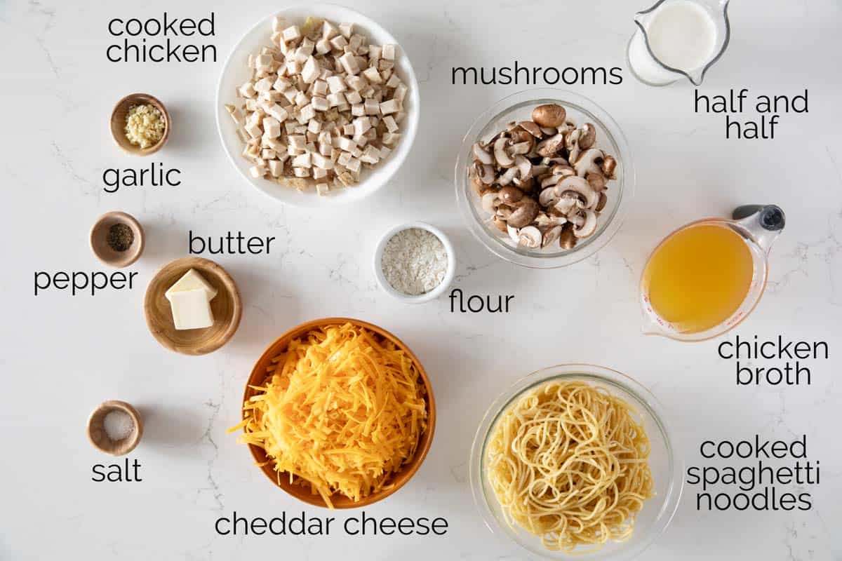 Ingredients to make chicken tetrazzini.