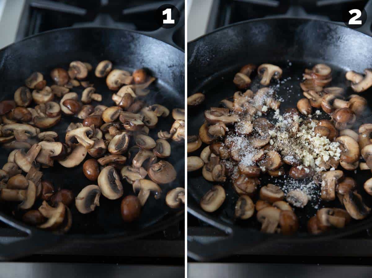 Sautéing mushrooms in a cast iron pan, and adding garlic and salt.