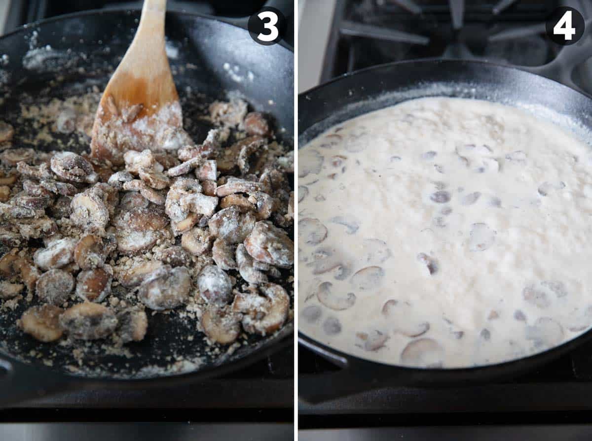 Stirring flour into sautéed mushrooms, then adding ingredients to make a cream sauce.