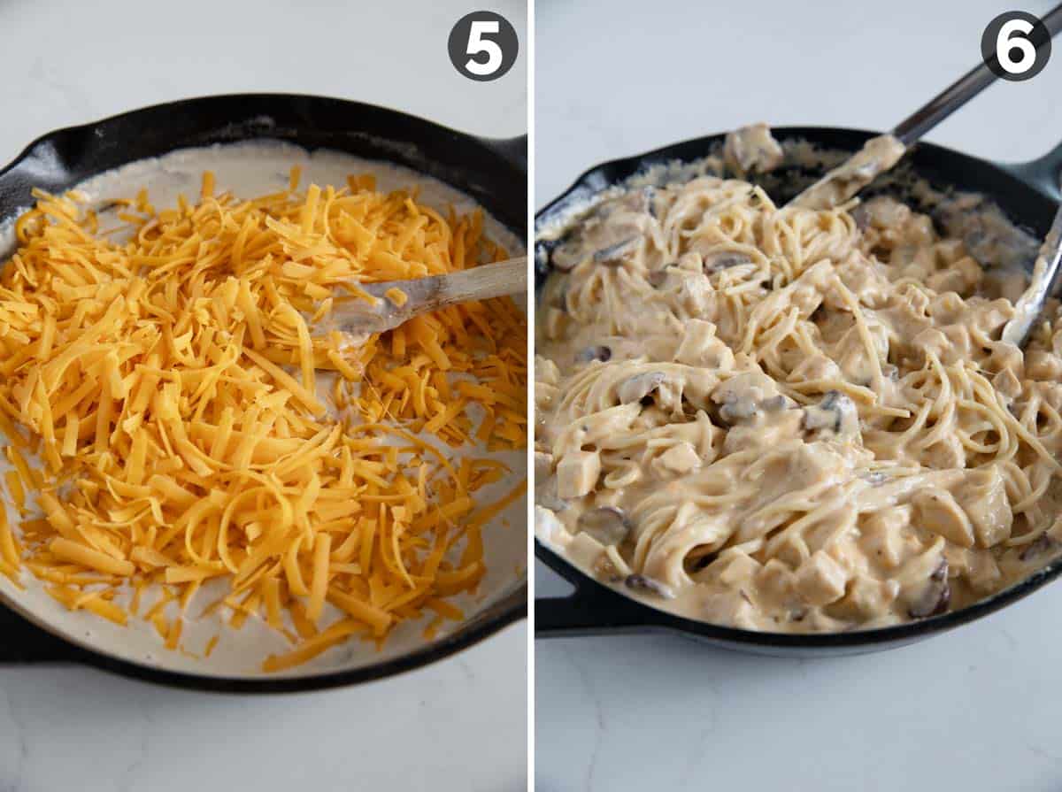 Adding cheese to chicken tetrazzini and stirring it in until melted.