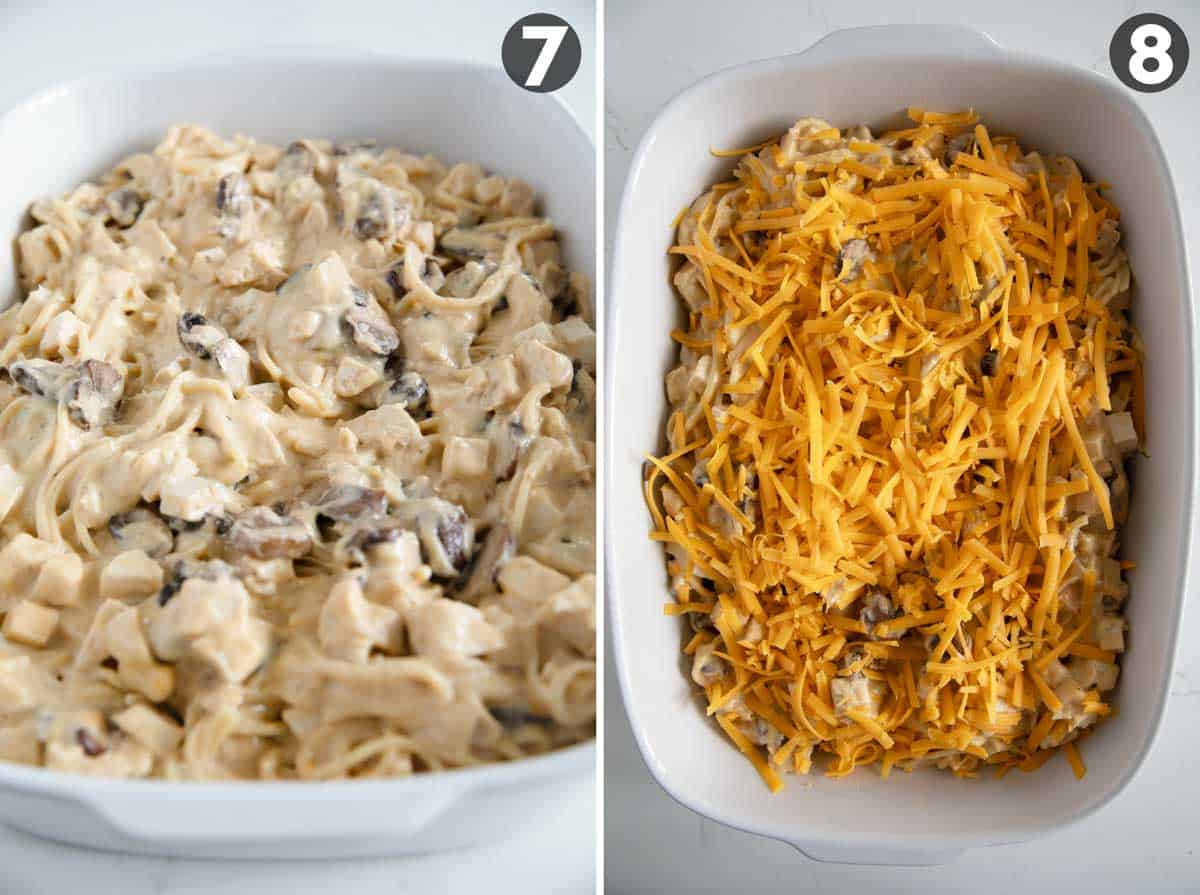 Chicken tetrazzini in a baking dish, and chicken tetrazzini topped with shredded cheddar cheese.