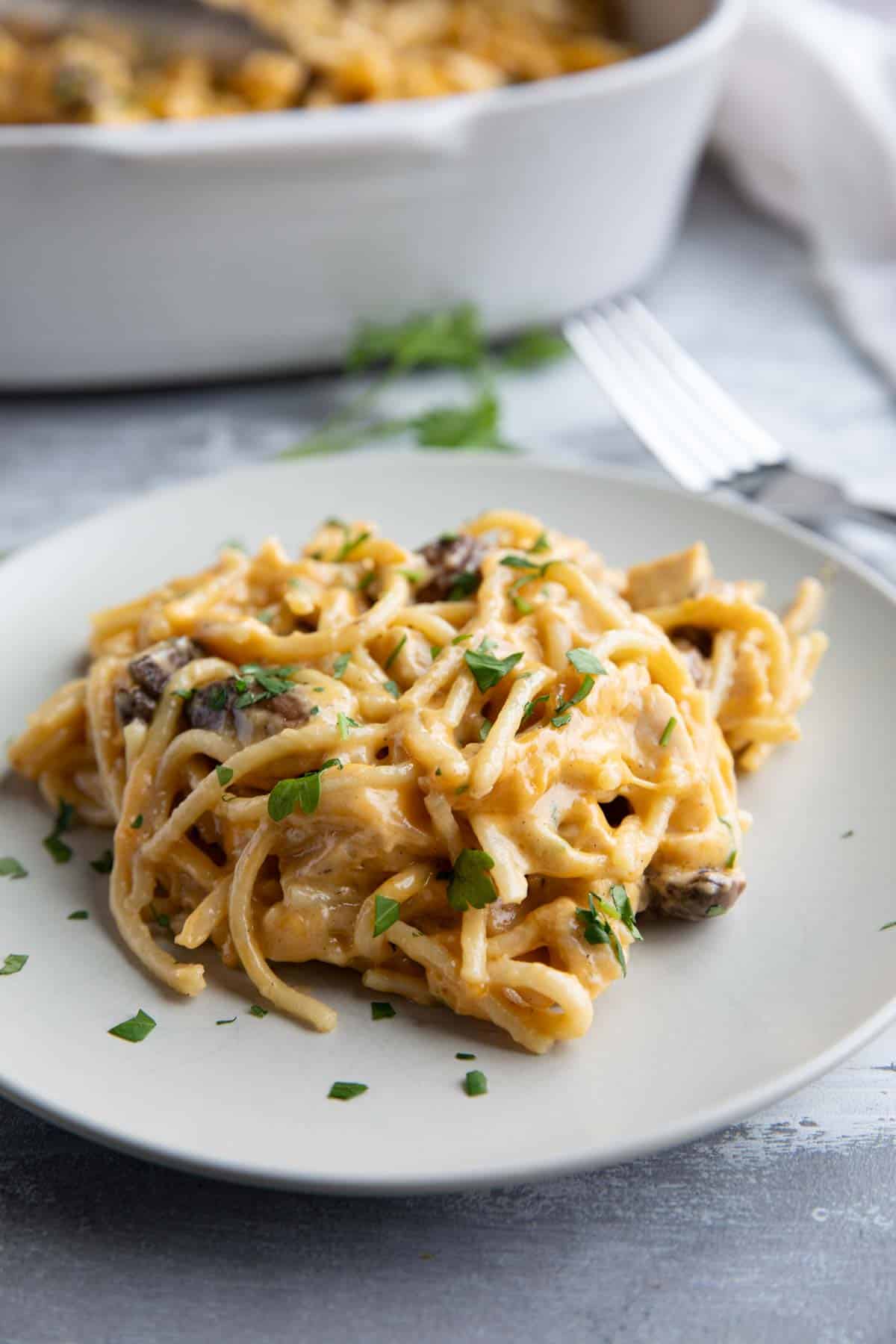 Chicken Tetrazzini on a plate, sprinkled with parsley.