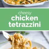 Chicken Terrazzini collage with text bar in the middle.