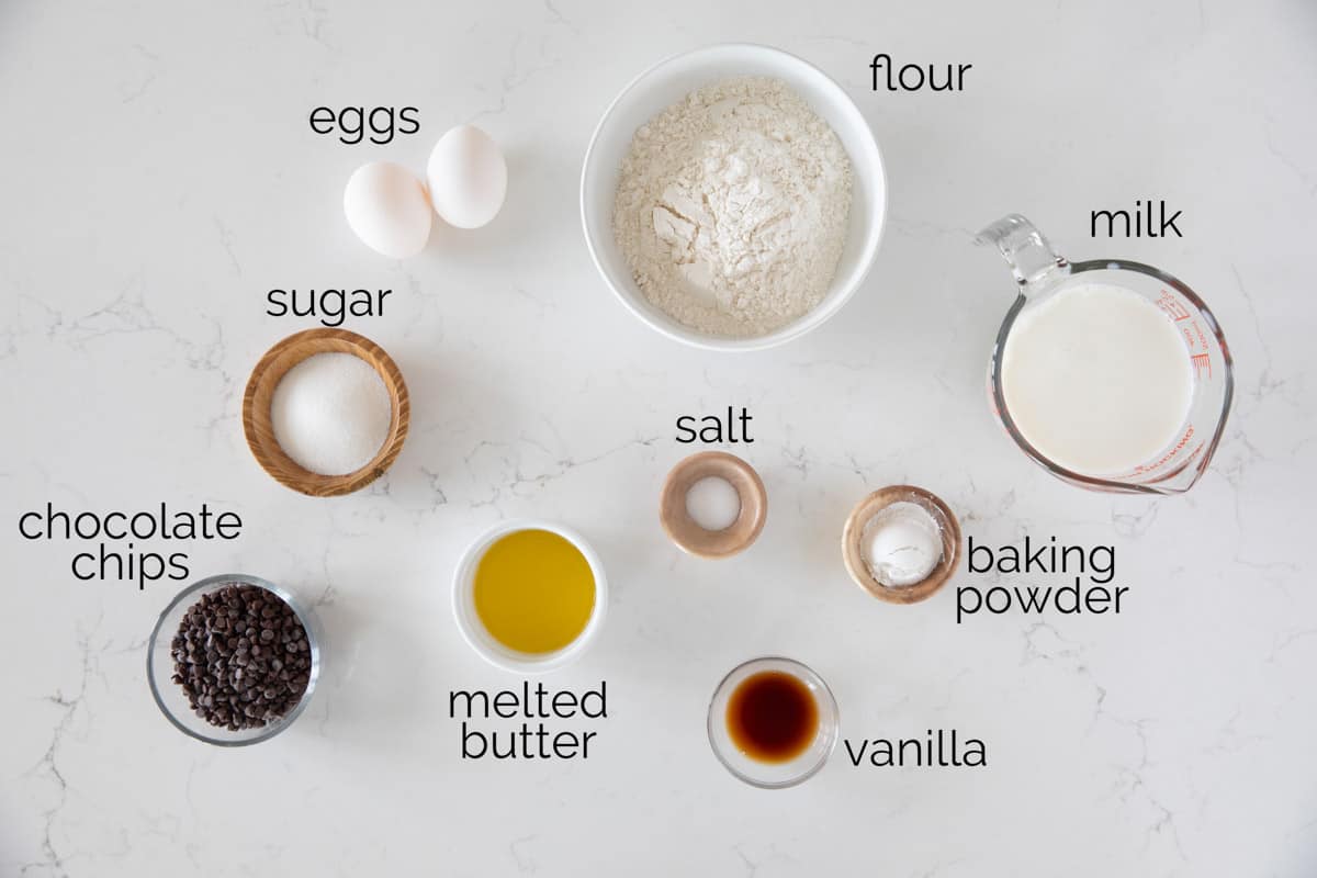 Ingredients for chocolate chip pancakes.