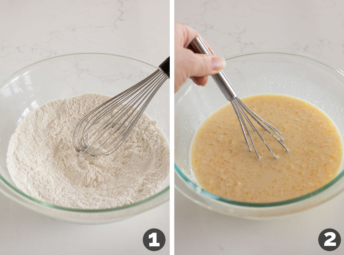 Mixing wet ingredients and dry ingredients for chocolate chip pancakes.