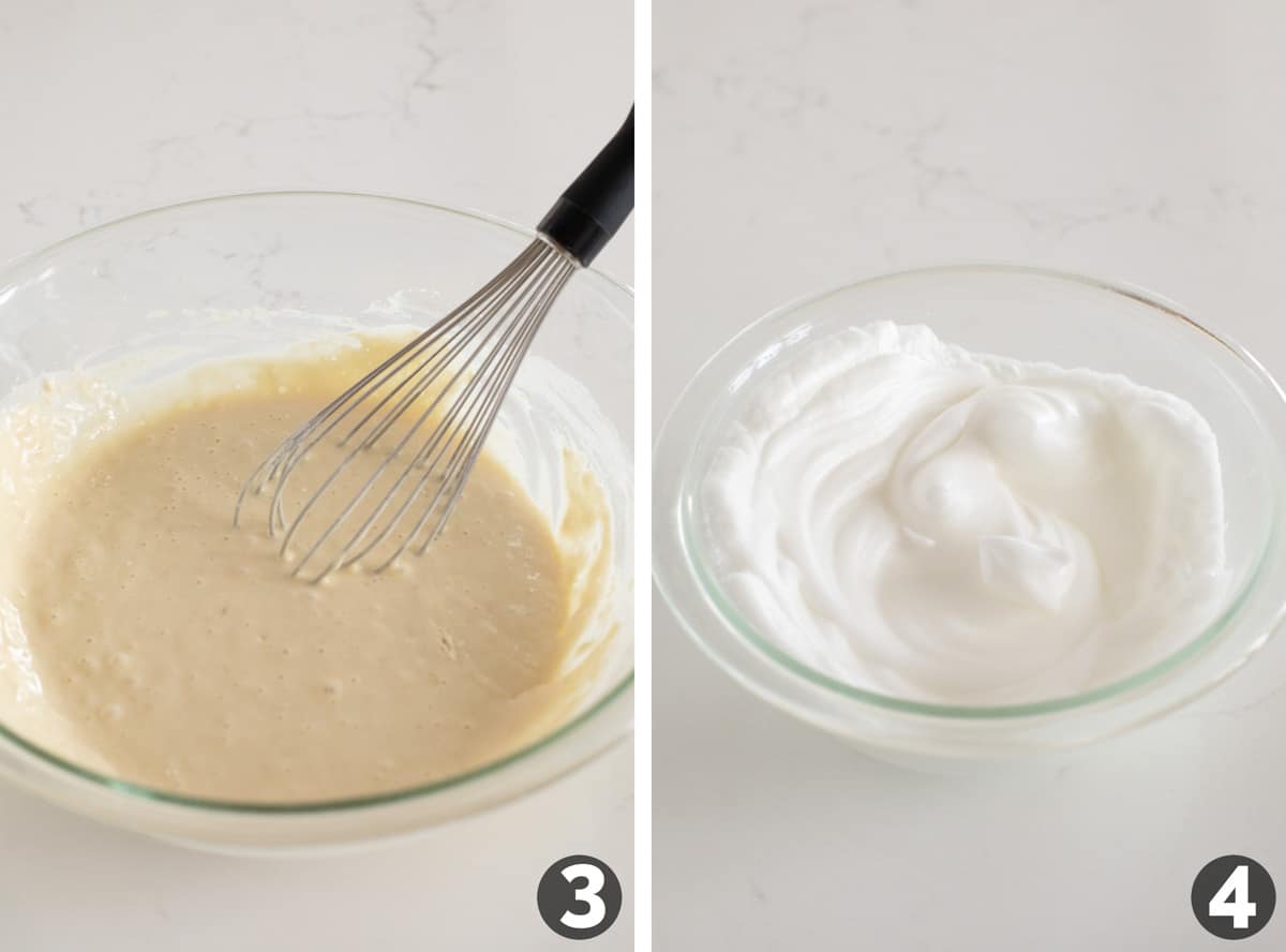Mixing pancake batter and whipping egg whites.