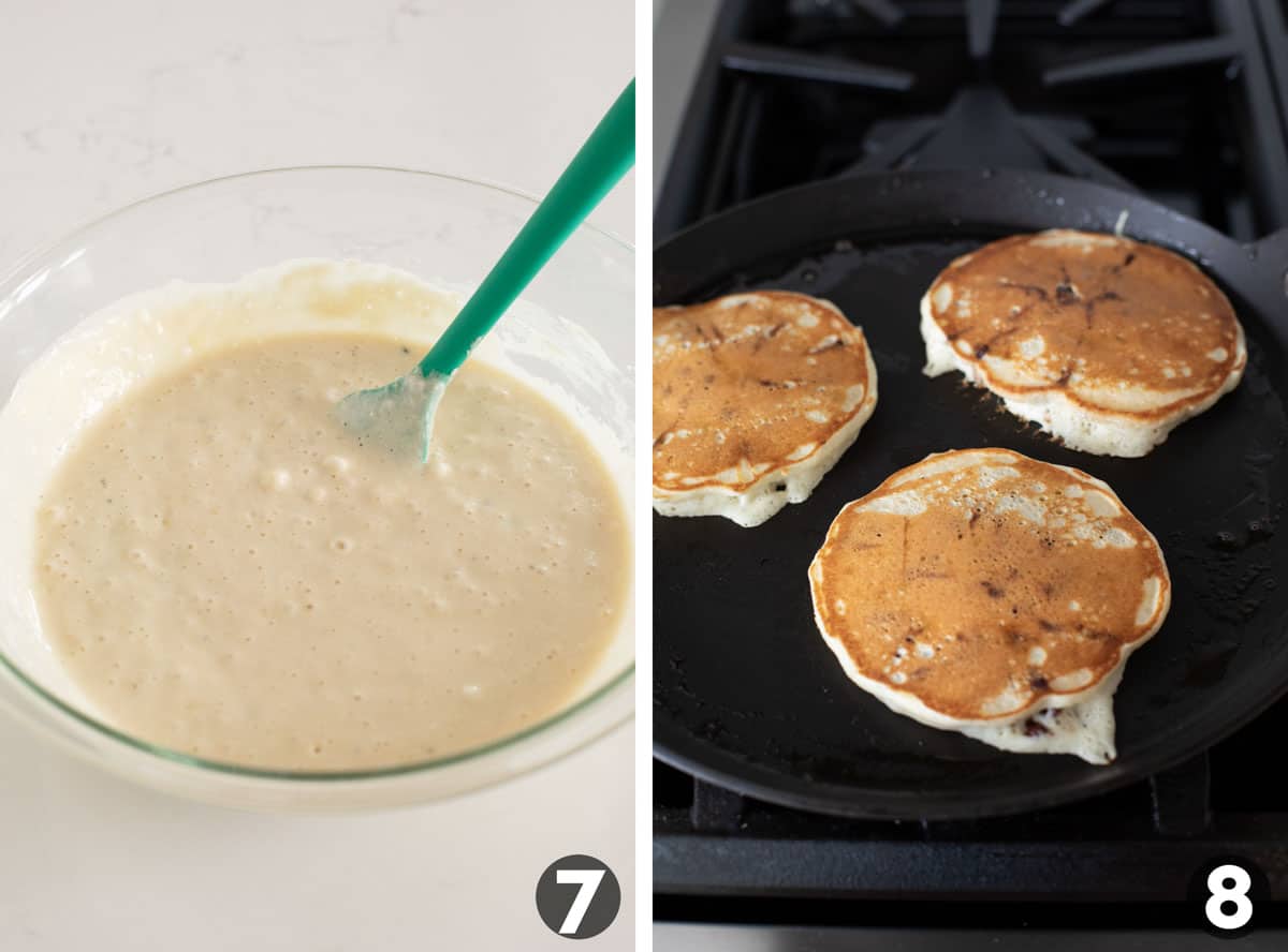 Pancake batter and pancakes cooking on a griddle.