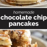Chocolate Chip Pancakes collage with text bar in the middle.