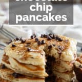 Chocolate Chip Pancakes with text overlay.