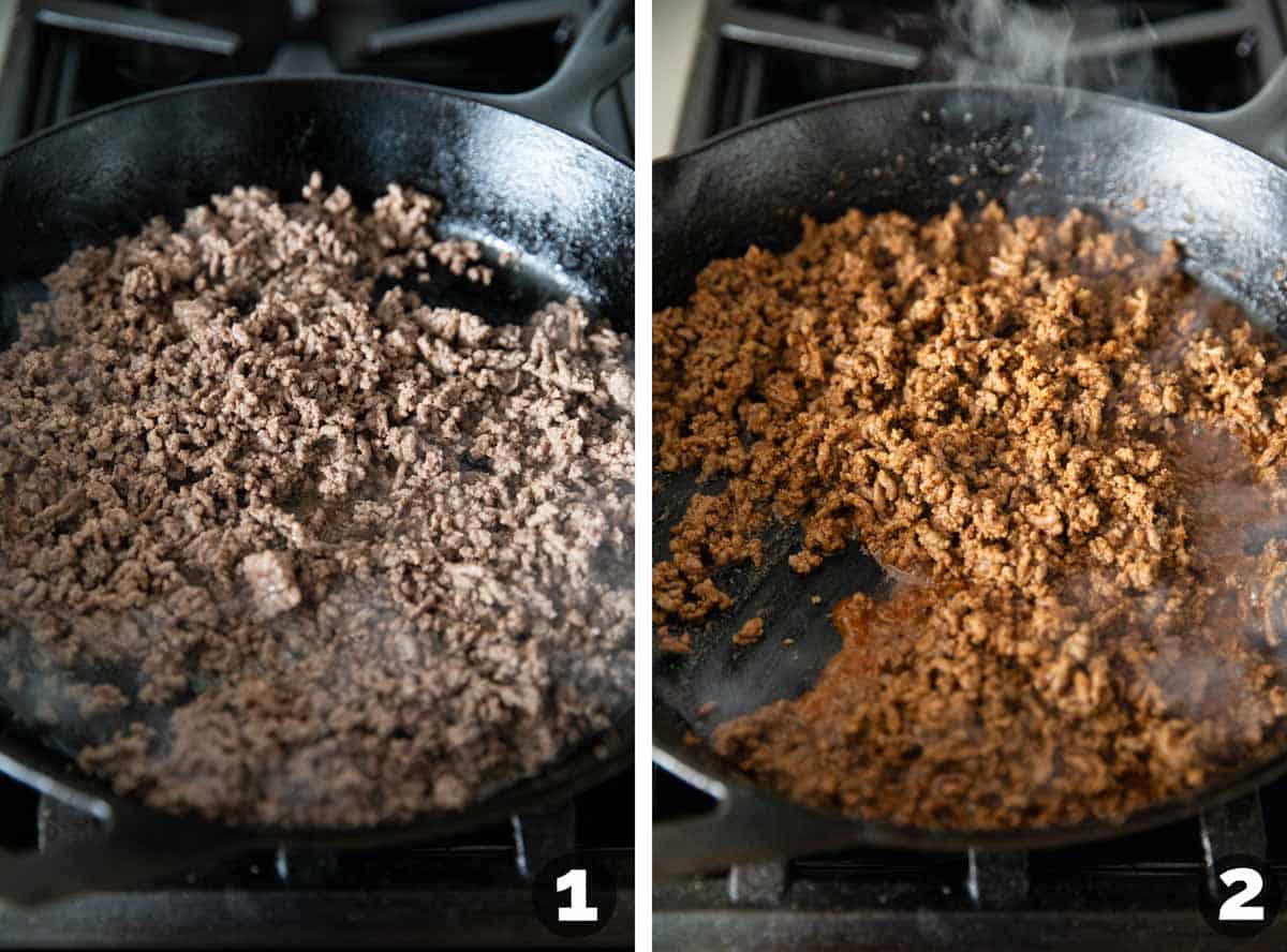 Cooking ground beef in a cast iron skillet, and adding taco seasoning and water to the beef.