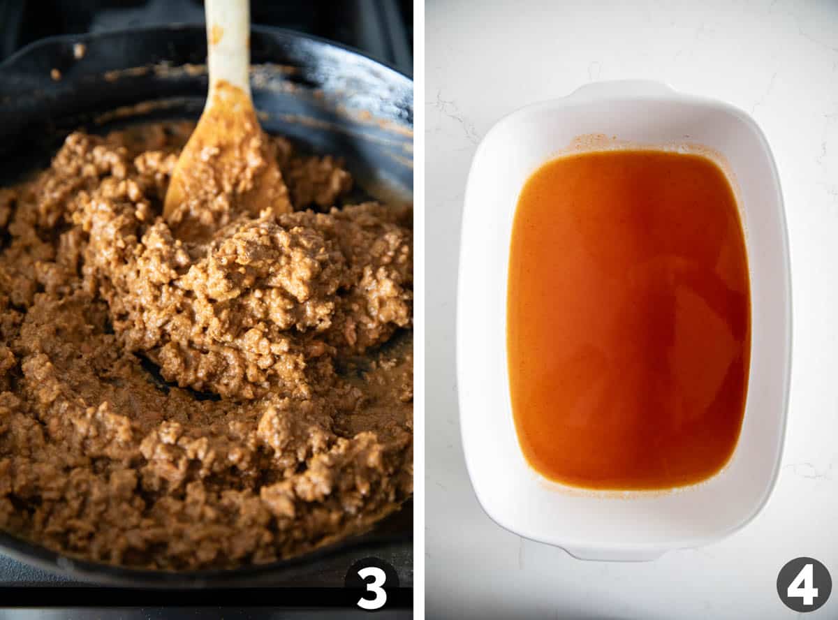 Filling for ground beef enchiladas and enchilada sauce in the bottom of a baking dish.