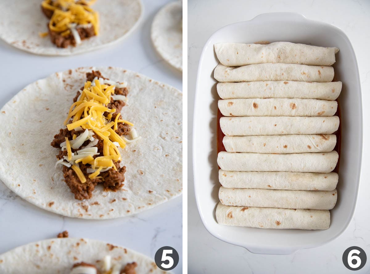 Enchilada filling on a flour tortilla, and a dish filled with rolled enchiladas.