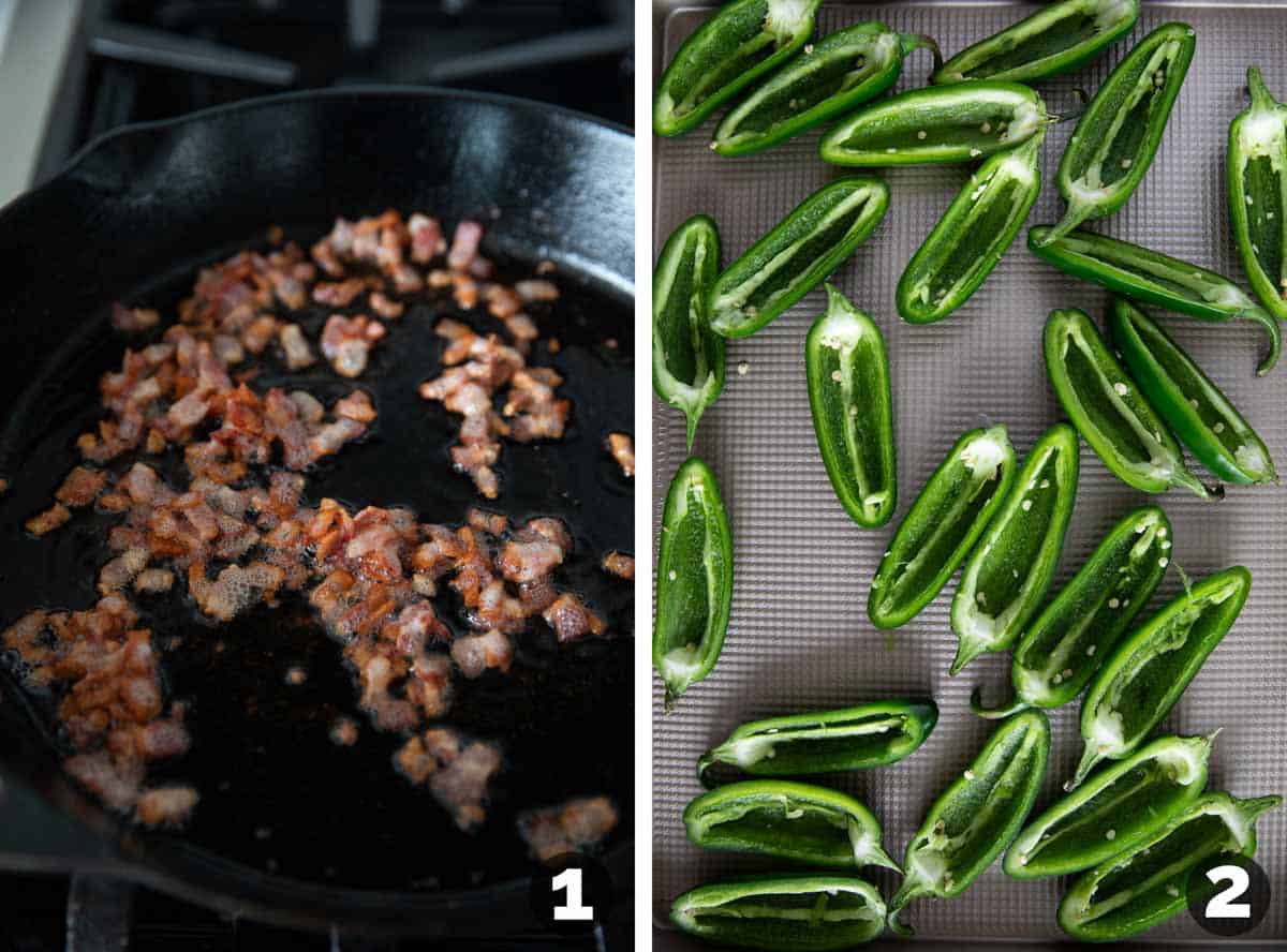 Cooking bacon, and cutting peppers in half for Jalapeño Poppers.