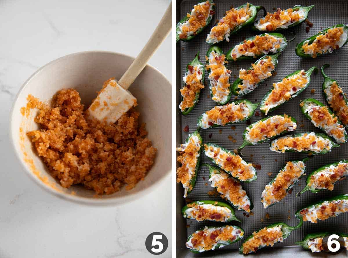 Adding a breadcrumb topping to Jalapeño Poppers.