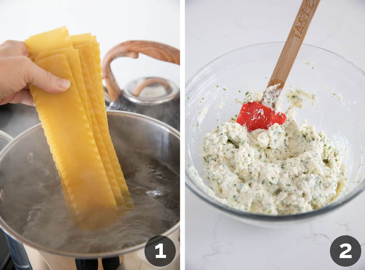 Boiling lasagna noodles, and making filling for lasagna roll ups.