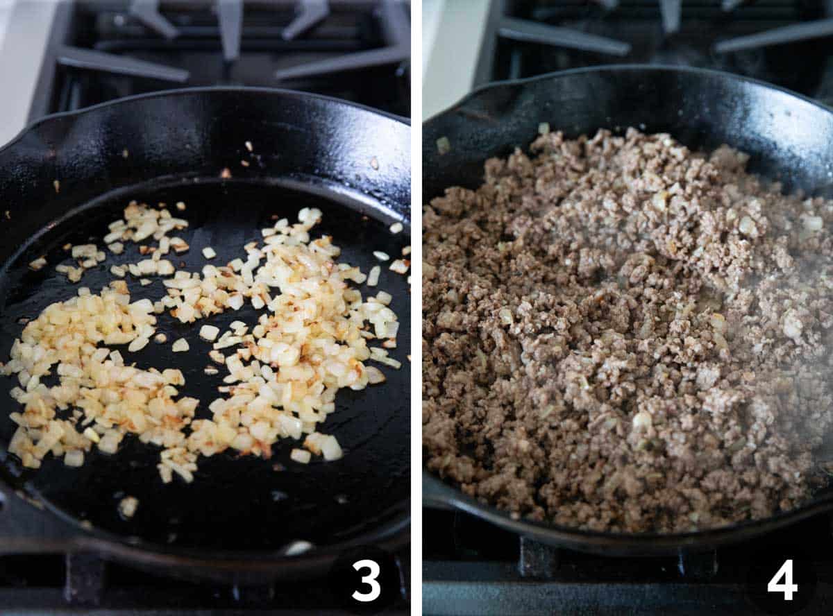 Cooking onion, garlic, ground beef, and sausage in a cast iron pan.