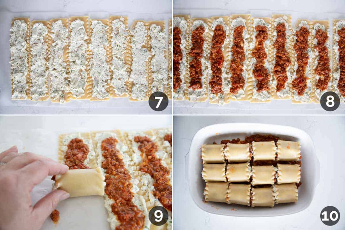 Steps showing how to fill and roll up lasagna noodles for lasagna roll ups.