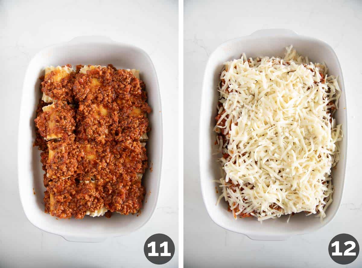 Pan of lasagna roll ups with meat sauce over the top, then topping the dish with cheese.