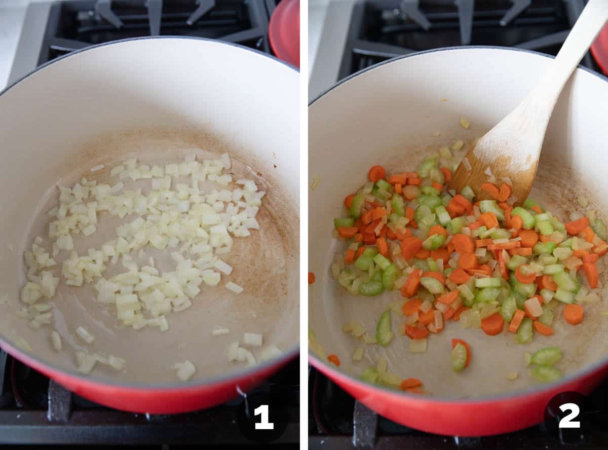 Sautéing onions, carrots, and celery in a Dutch oven.