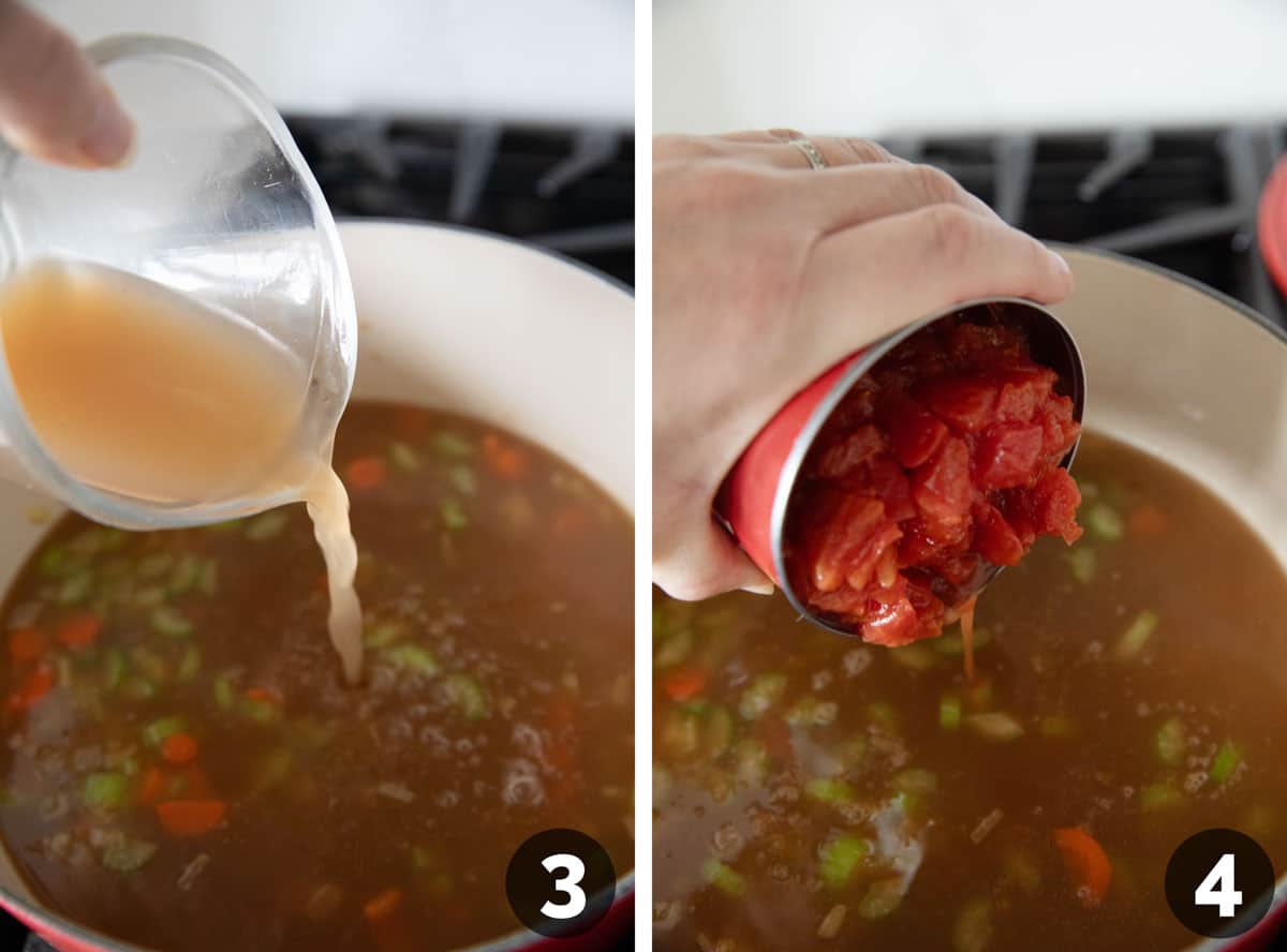 Adding liquid and tomatoes to minestrone soup.