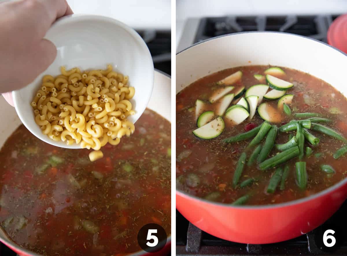 Adding pasta and vegetables to minestrone soup.