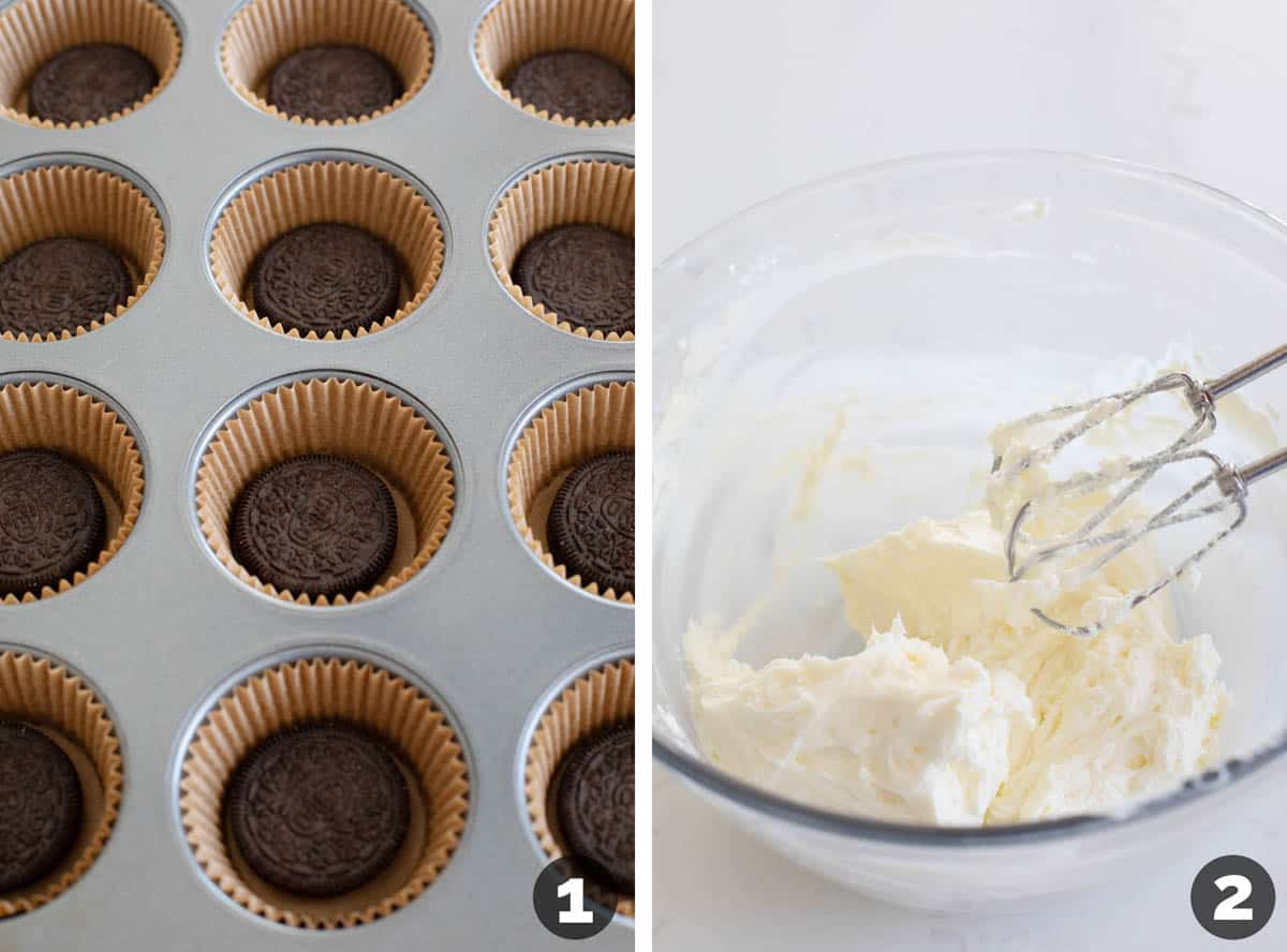 Placing a chocolate cookie in the bottom of muffin tins, then beating a cream cheese mixture.