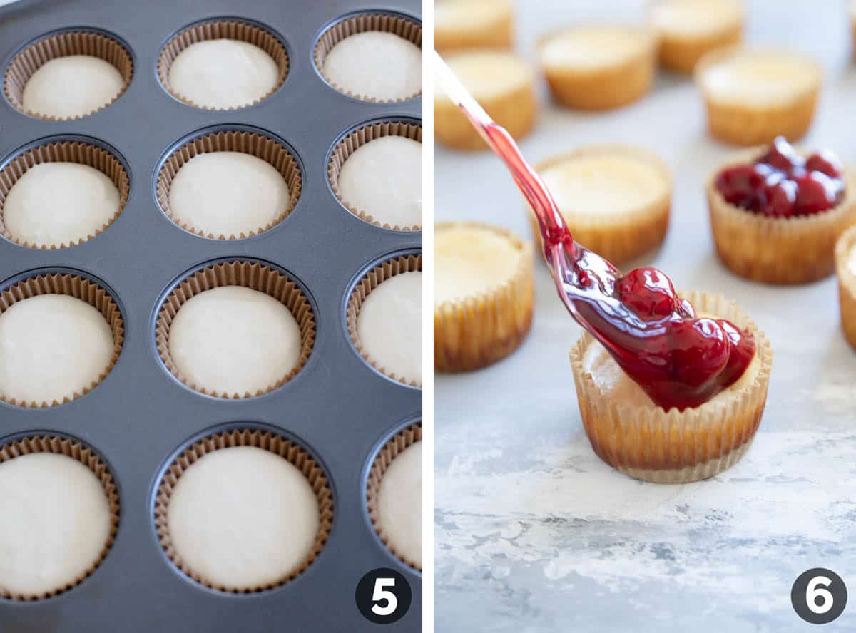 Filling muffin tins with mini cheesecake filling and then adding pie filling to the tops of baked cheesecakes.