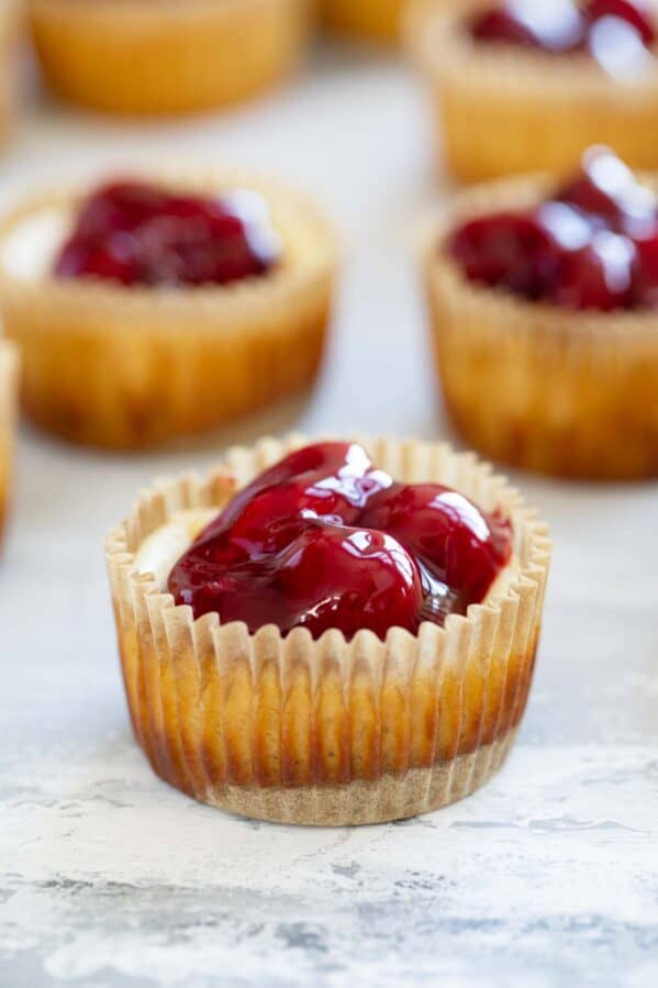 Mini Cheesecakes made in muffin tins, topped with cherries.