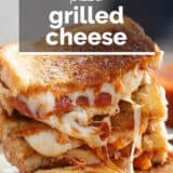 Pizza grilled cheese with text overlay.