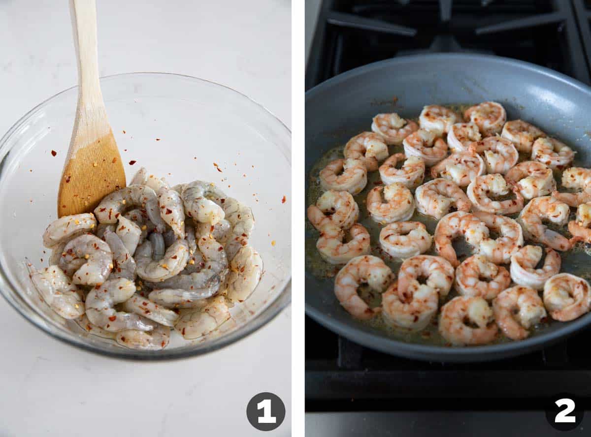 Mixing shrimp with chili flakes and cooking shrimp.