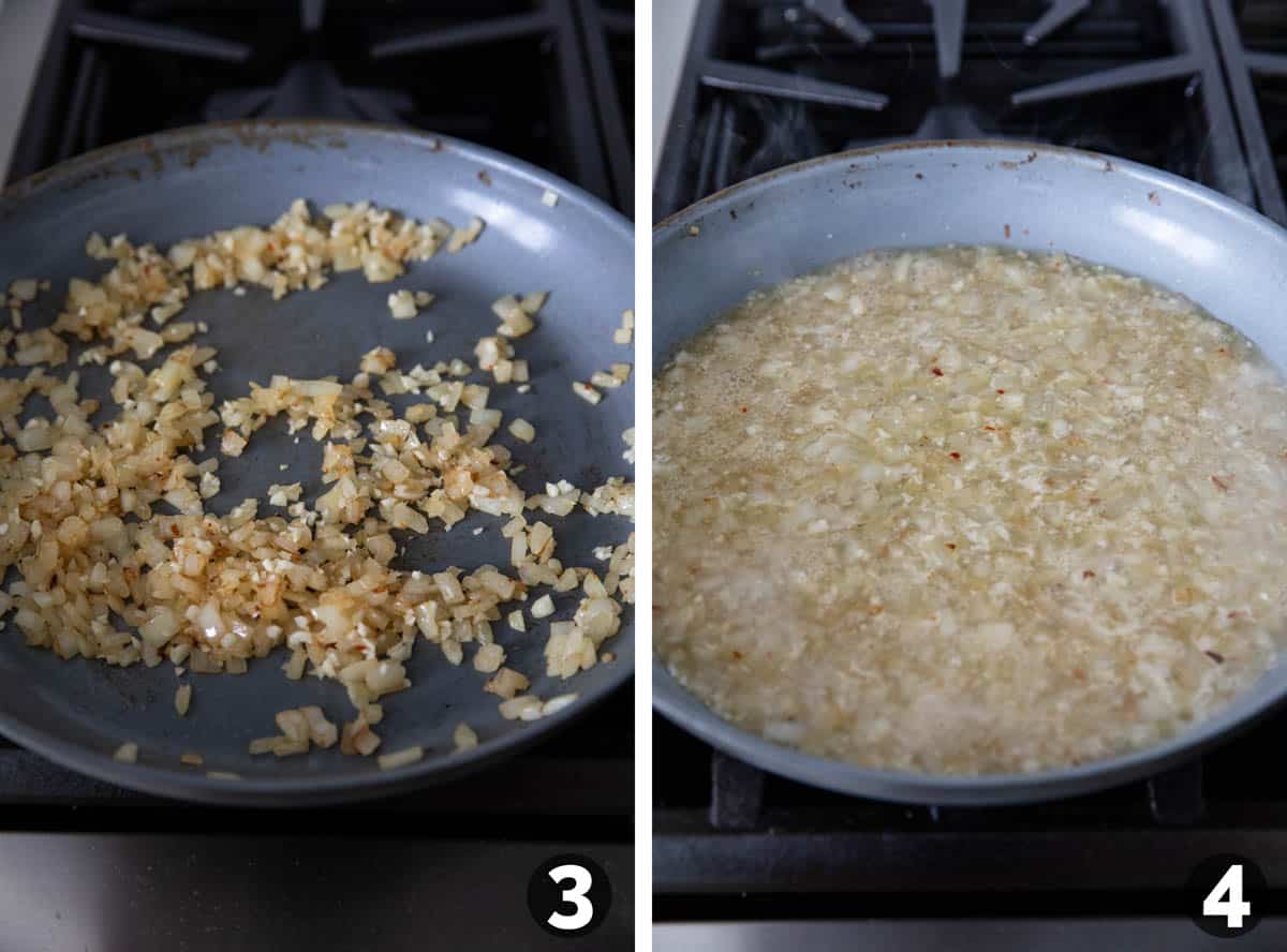 Sautéing onions and garlic and adding chicken broth.