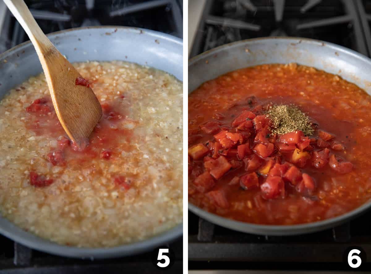 Making tomato sauce for shrimp fra diavolo.