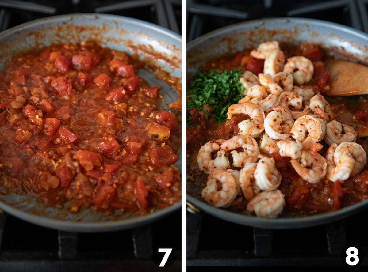 Making spicy tomato sauce and adding shrimp and parsley.