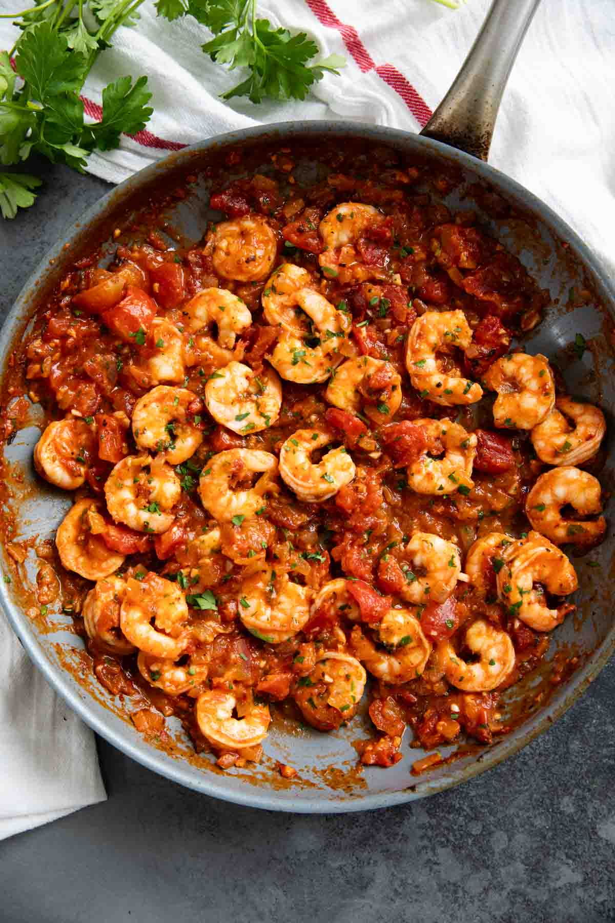 Shrimp Fra Diavolo in a skillet.