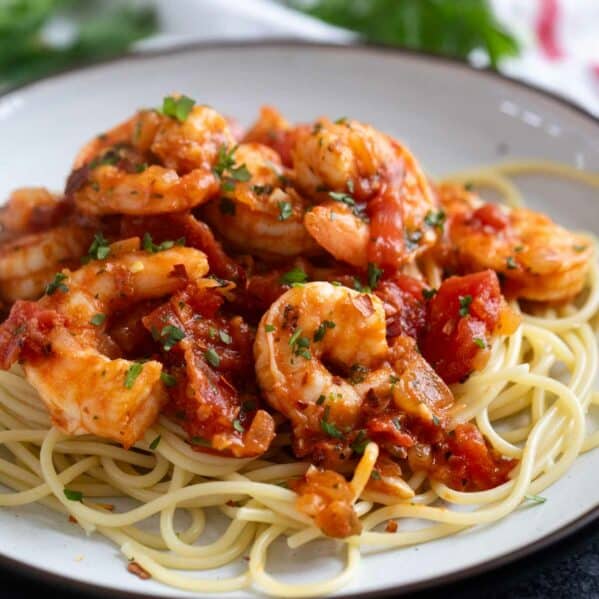 Shrimp Fra Diavolo in spicy tomato sauce.