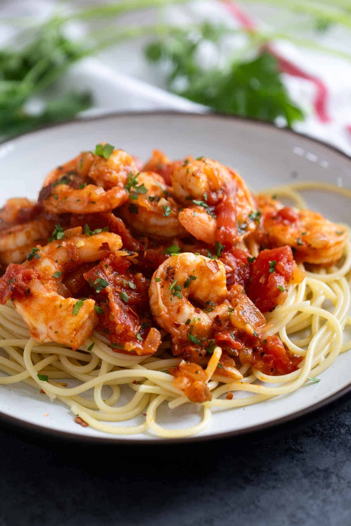 Shrimp Fra Diavolo in spicy tomato sauce.