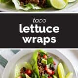 Taco lettuce wraps collage with text bar in the middle.